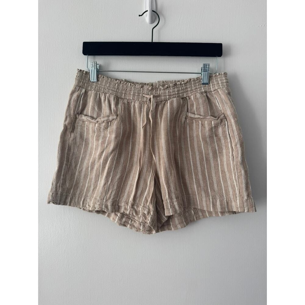 Briggs Tan White Striped Linen Blend Shorts Sz 12 Beach Boho Resort Travel
